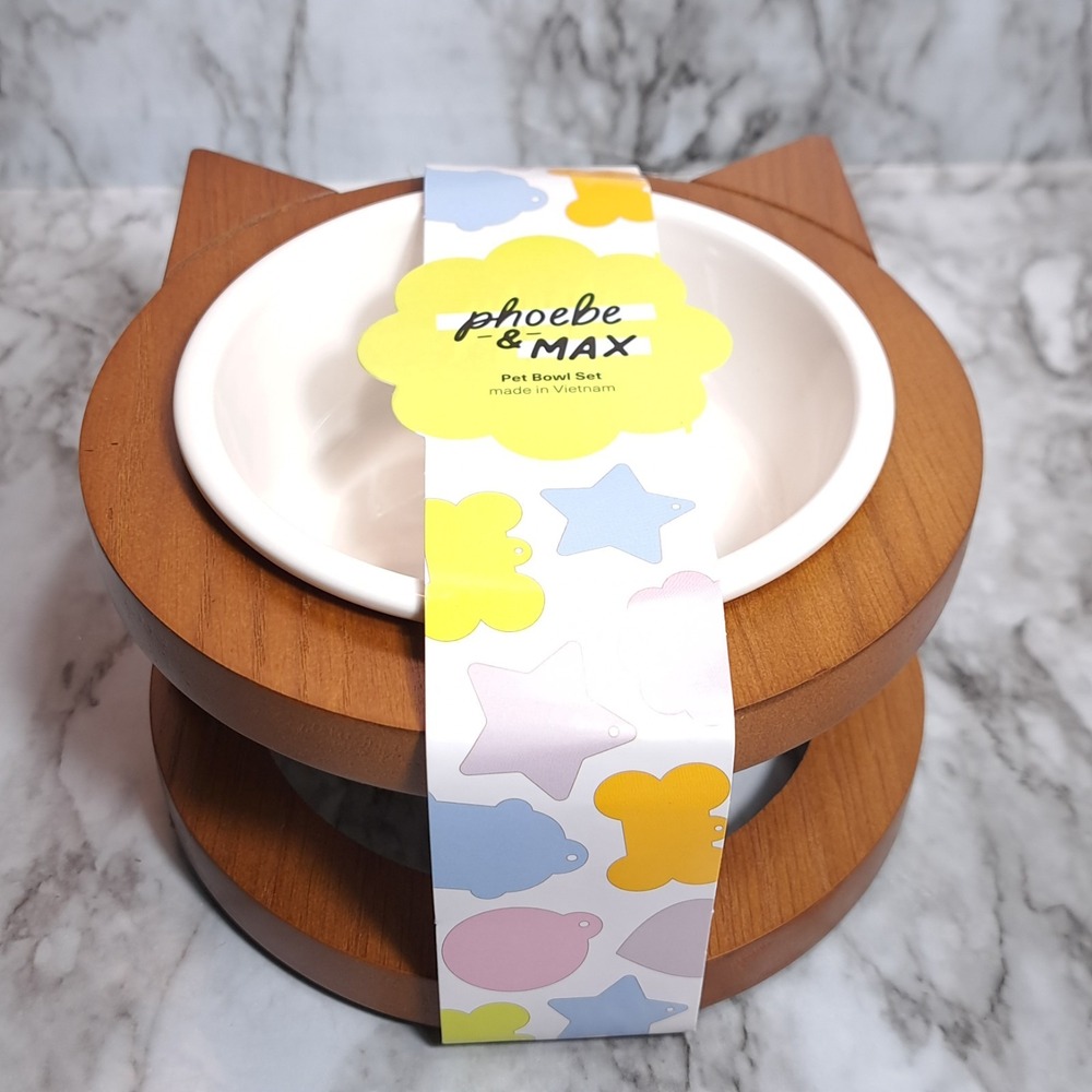 Phoebe & Max Pet Bowl Set Elevated  Ceramic Raised Cat Food Bowl‎ Wood